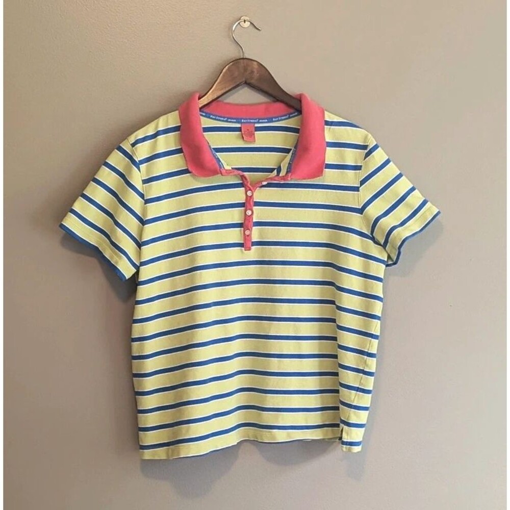 Bay Studio Womens 1X Polo Shirt Lime Green Blue Striped Short Sleeve Stretch